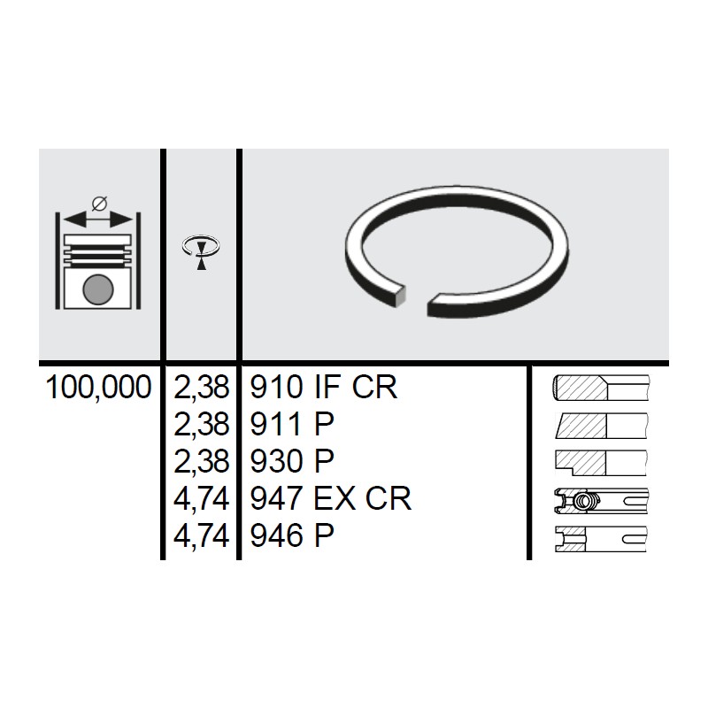 120 022 0001 00 - Set segmenti STD Ø100 2,38x2,38x2,38x4,74x4,74 mm Ford E1ADKN6149A