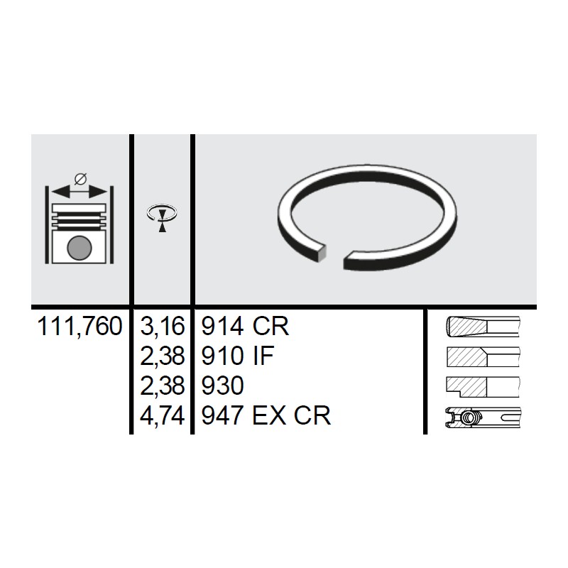 120 022 0010 00 - Set segmenti STD Ø111,76 3,16x2,38x2,38x4,74 mm Ford DFPN6149E